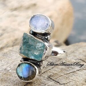 Silver Artisan Ring with Blue and Silver Stones